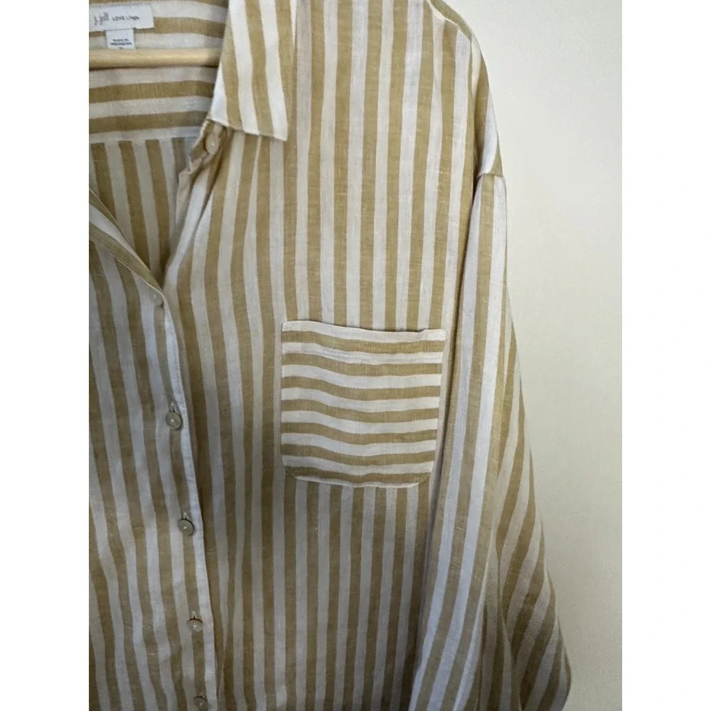 J Jill Love Linen Tan White Striped Button Up Pocket Shirt XL Lagonlook Coastal - Picture 6 of 12